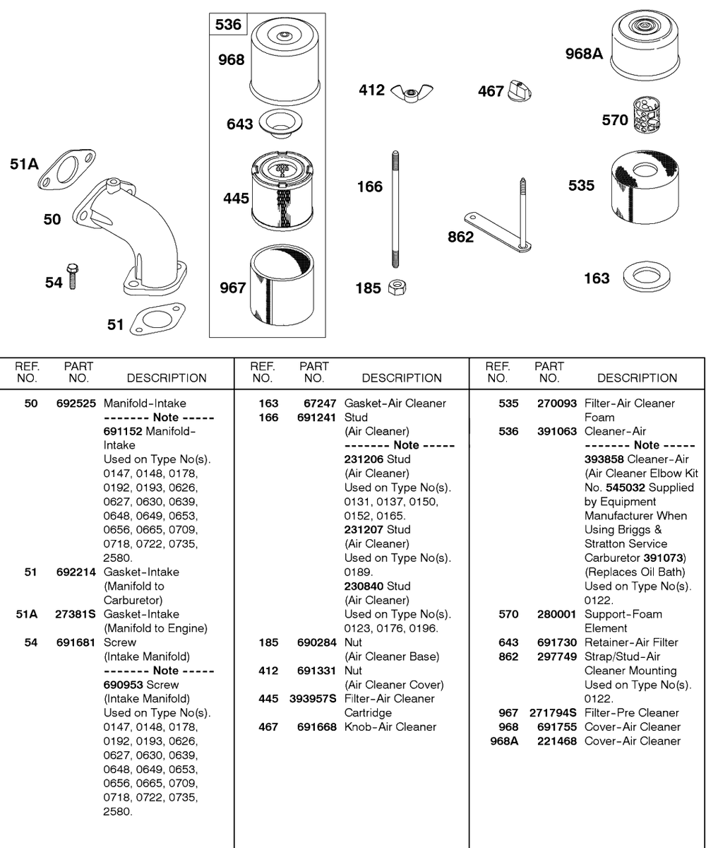 Intake Manifold, Air Cleaner Diagram and Parts List for 243432-0737-XX  Briggs and Stratton Engine